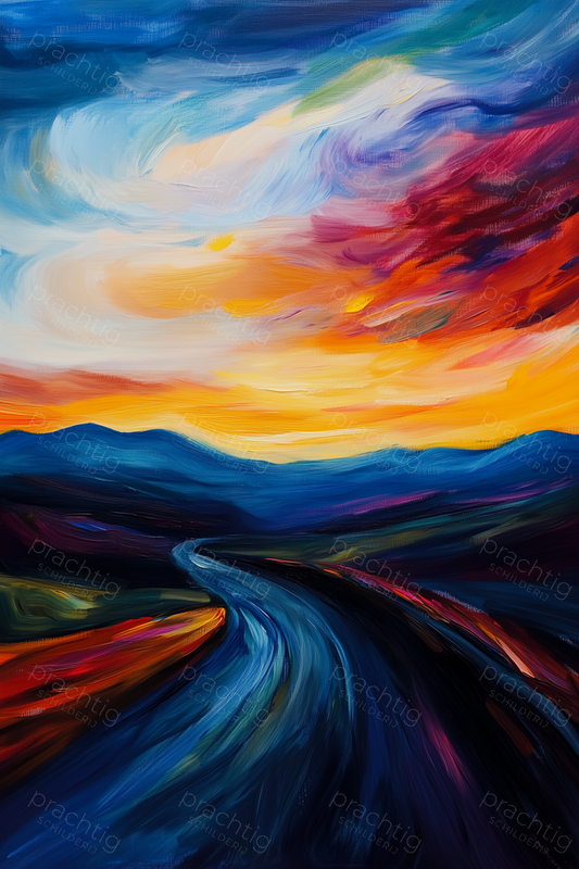 Avondlucht boven kronkelende weg