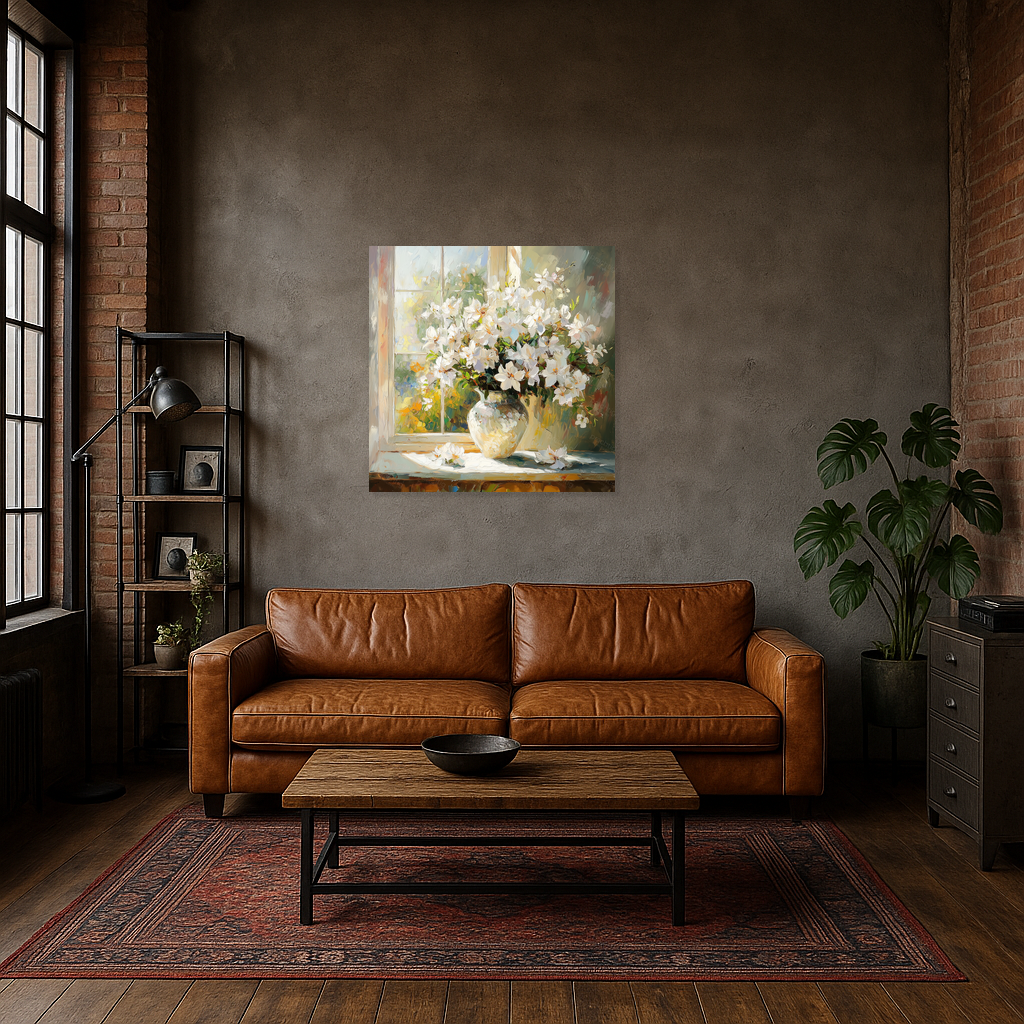 Bloemen in zonlicht bij het raam