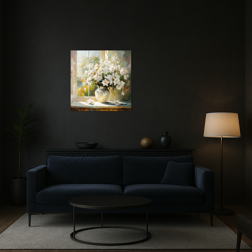 Bloemen in zonlicht bij het raam