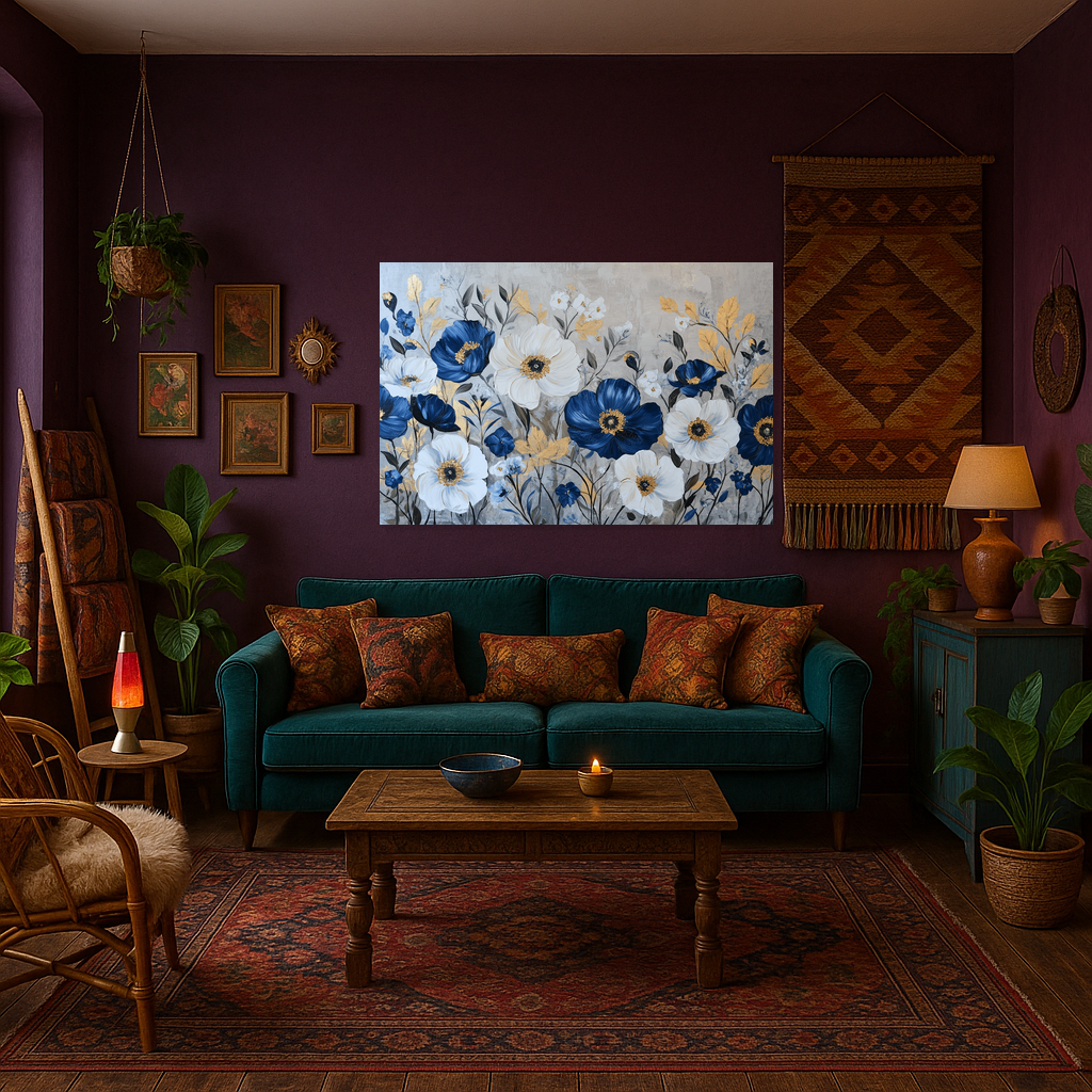 Blauwe Bloemenpracht Op Gouden Bladeren