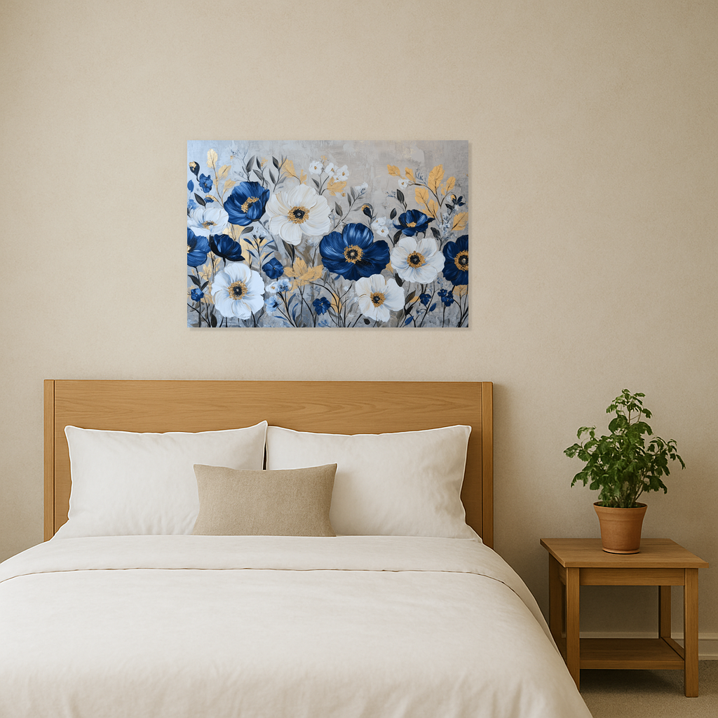 Blauwe Bloemenpracht Op Gouden Bladeren