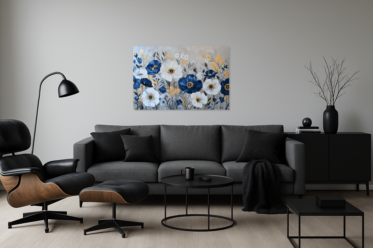 Blauwe Bloemenpracht Op Gouden Bladeren