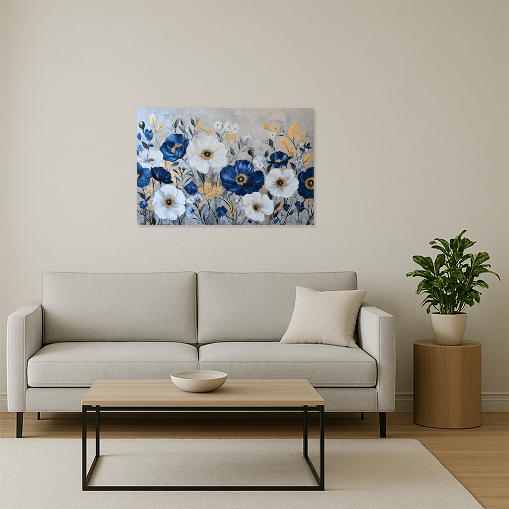 Blauwe Bloemenpracht Op Gouden Bladeren