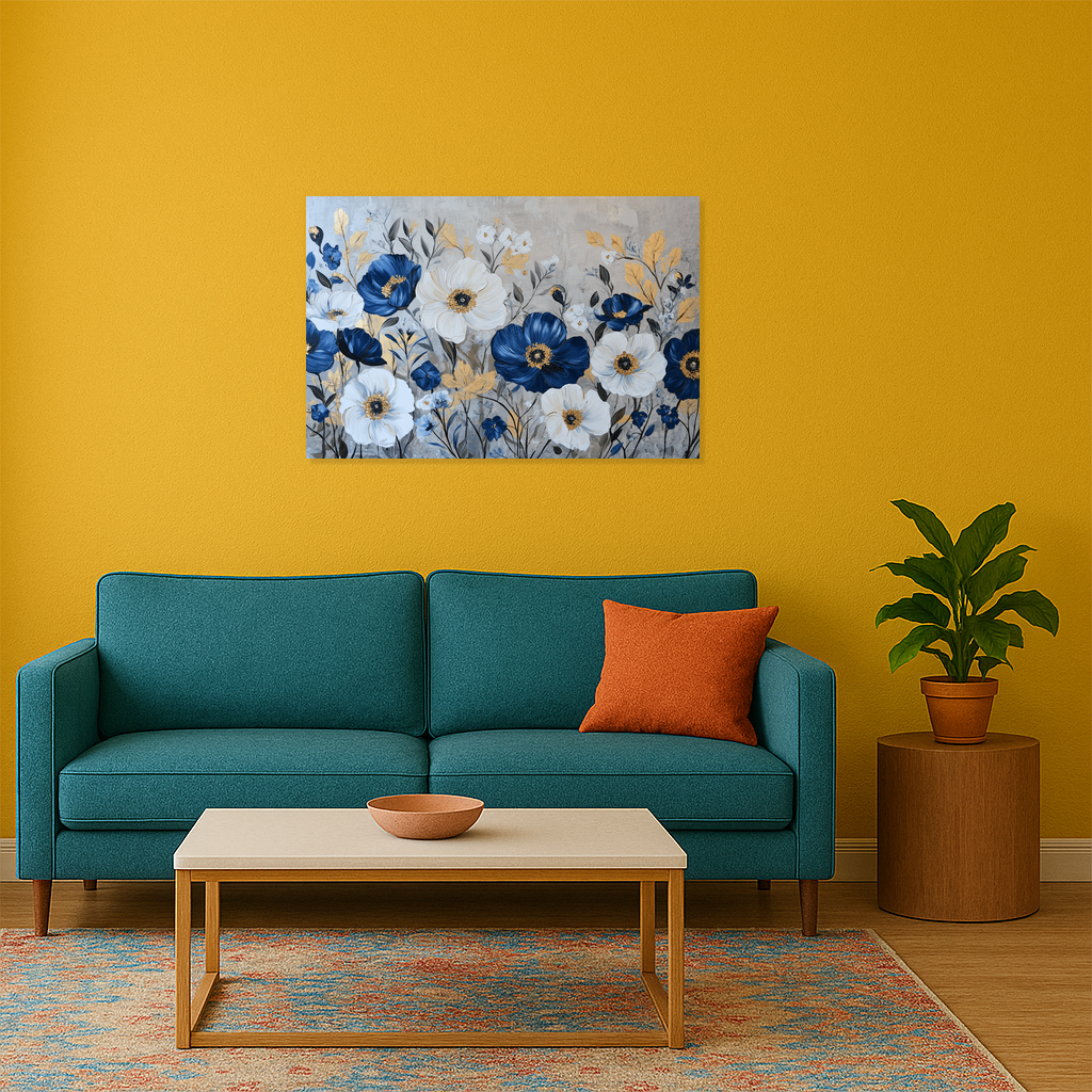 Blauwe Bloemenpracht Op Gouden Bladeren