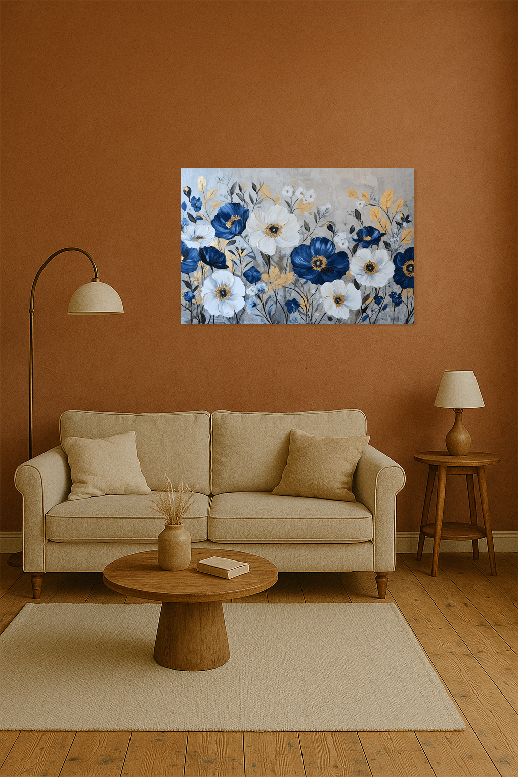 Blauwe Bloemenpracht Op Gouden Bladeren