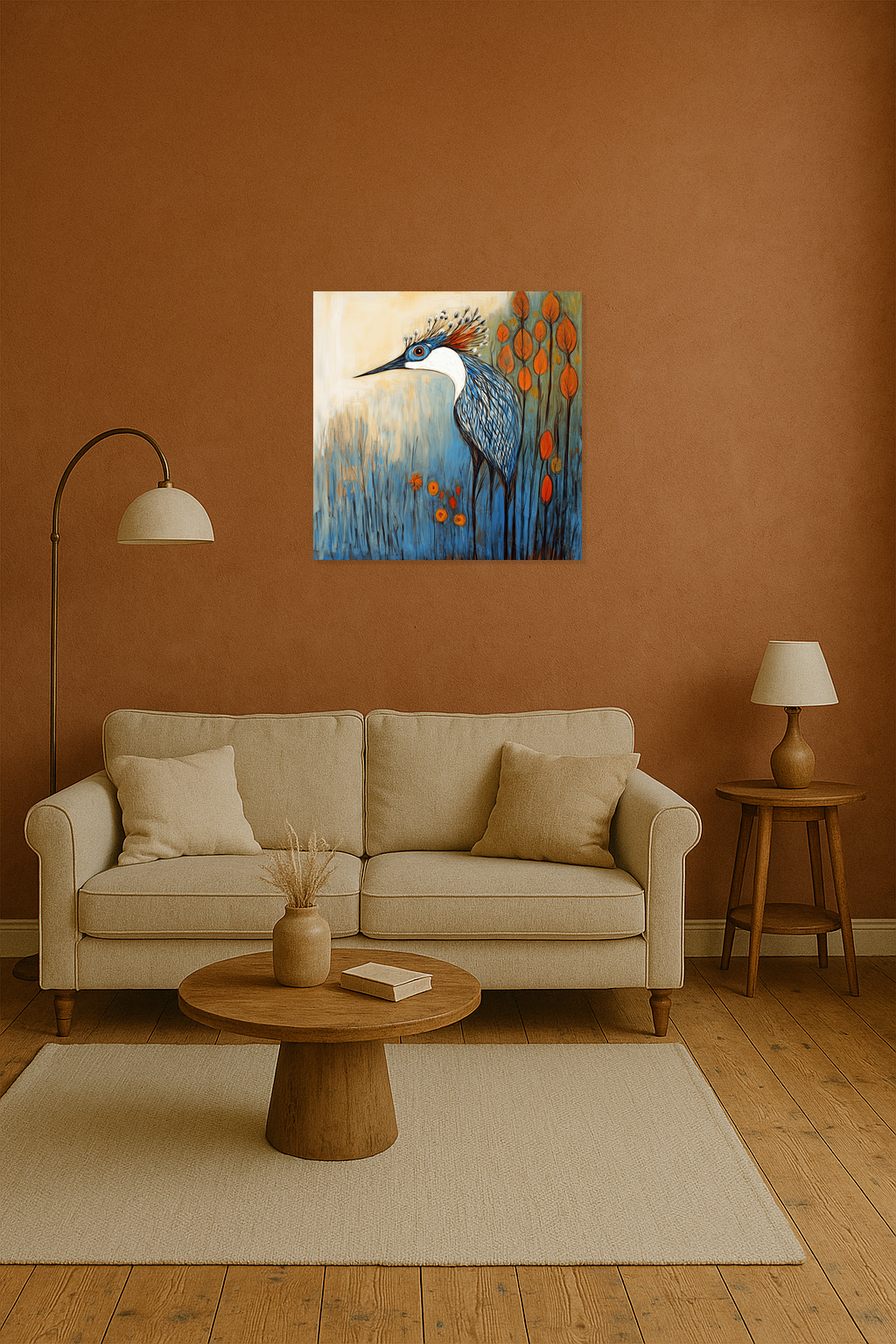 Blauwe vogel met oranje accenten