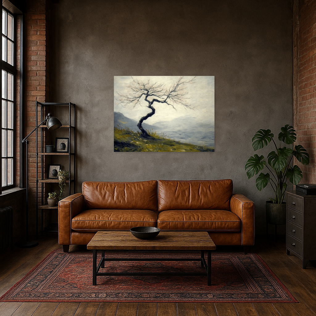 Eenzame boom in mistig landschap