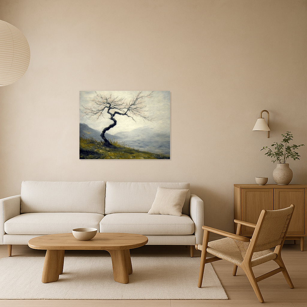 Eenzame boom in mistig landschap