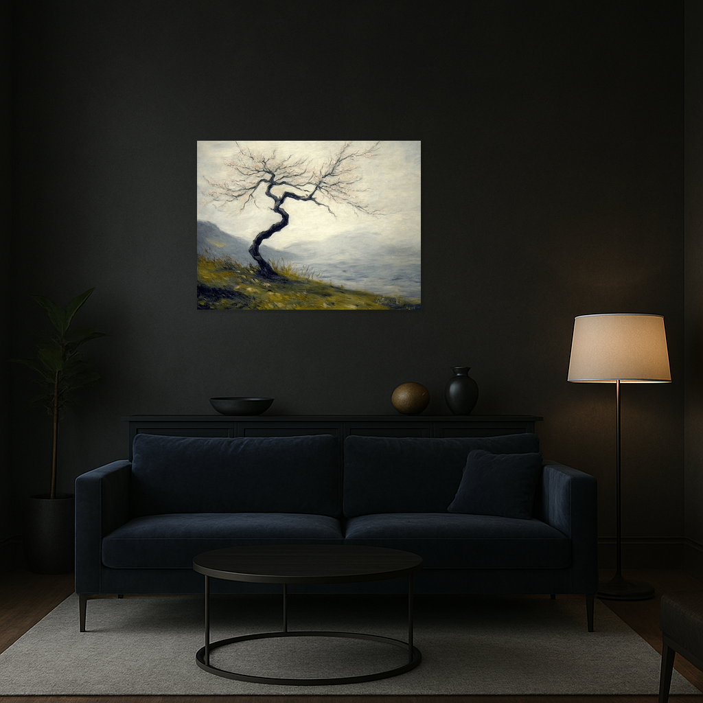 Eenzame boom in mistig landschap
