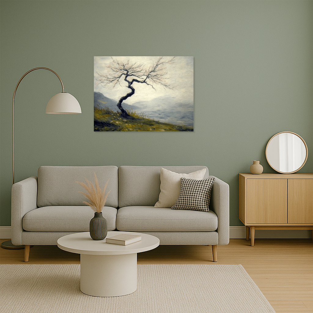 Eenzame boom in mistig landschap