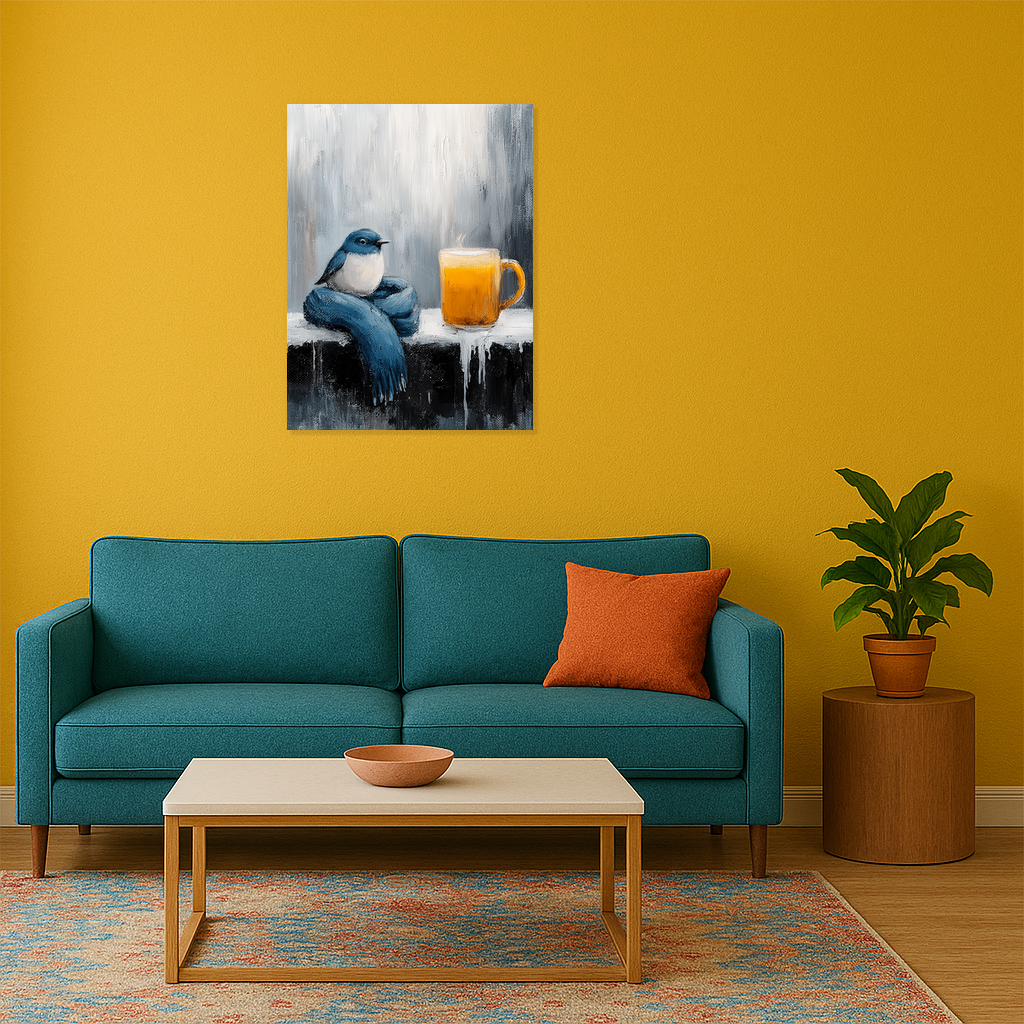 Blauw vogeltje en warme mok