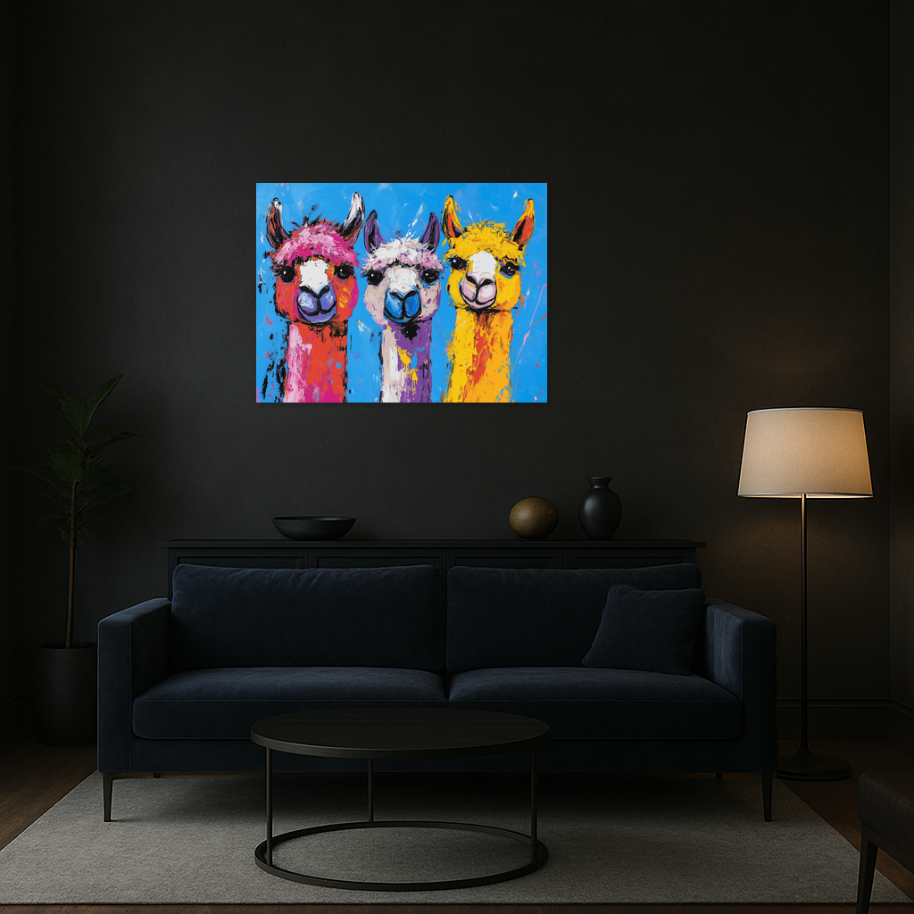Drie vrolijke lama's op een rij