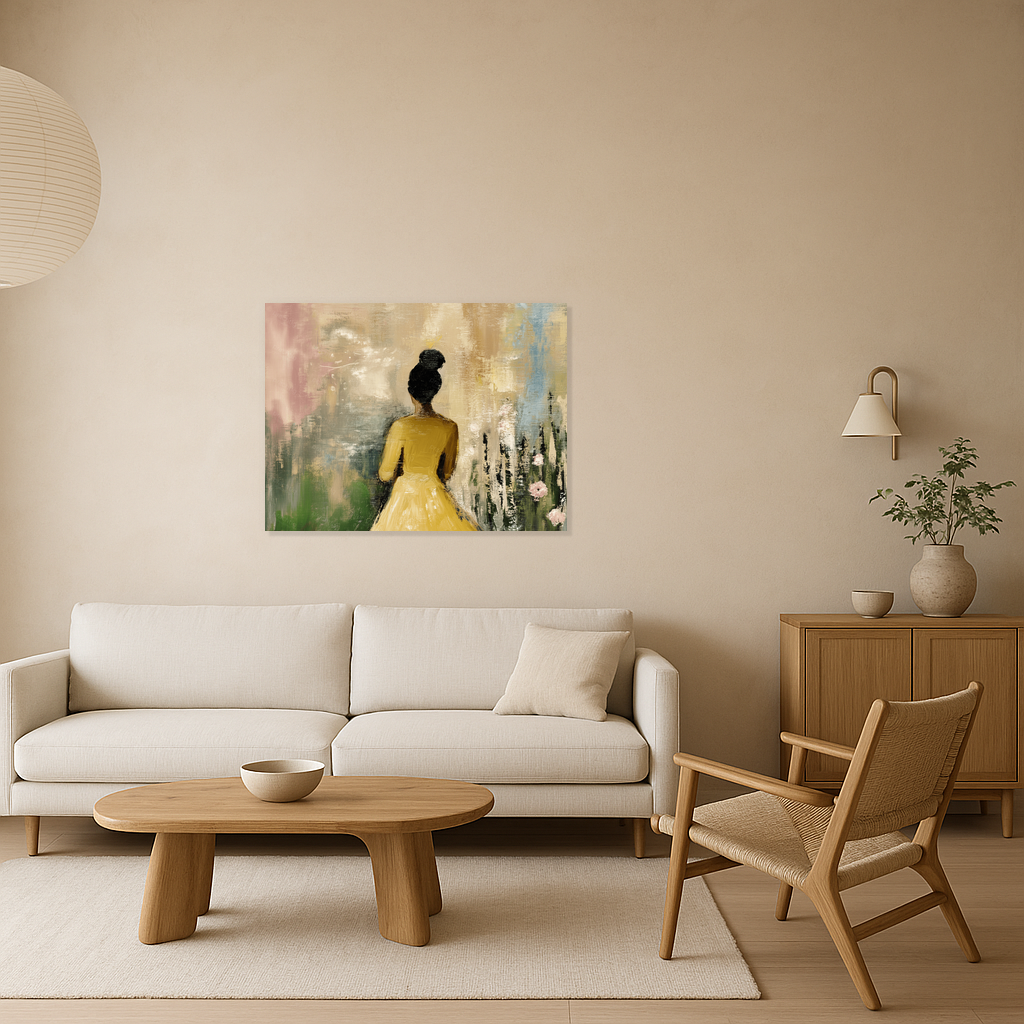 Dame in Gele Jurk met Bloemen