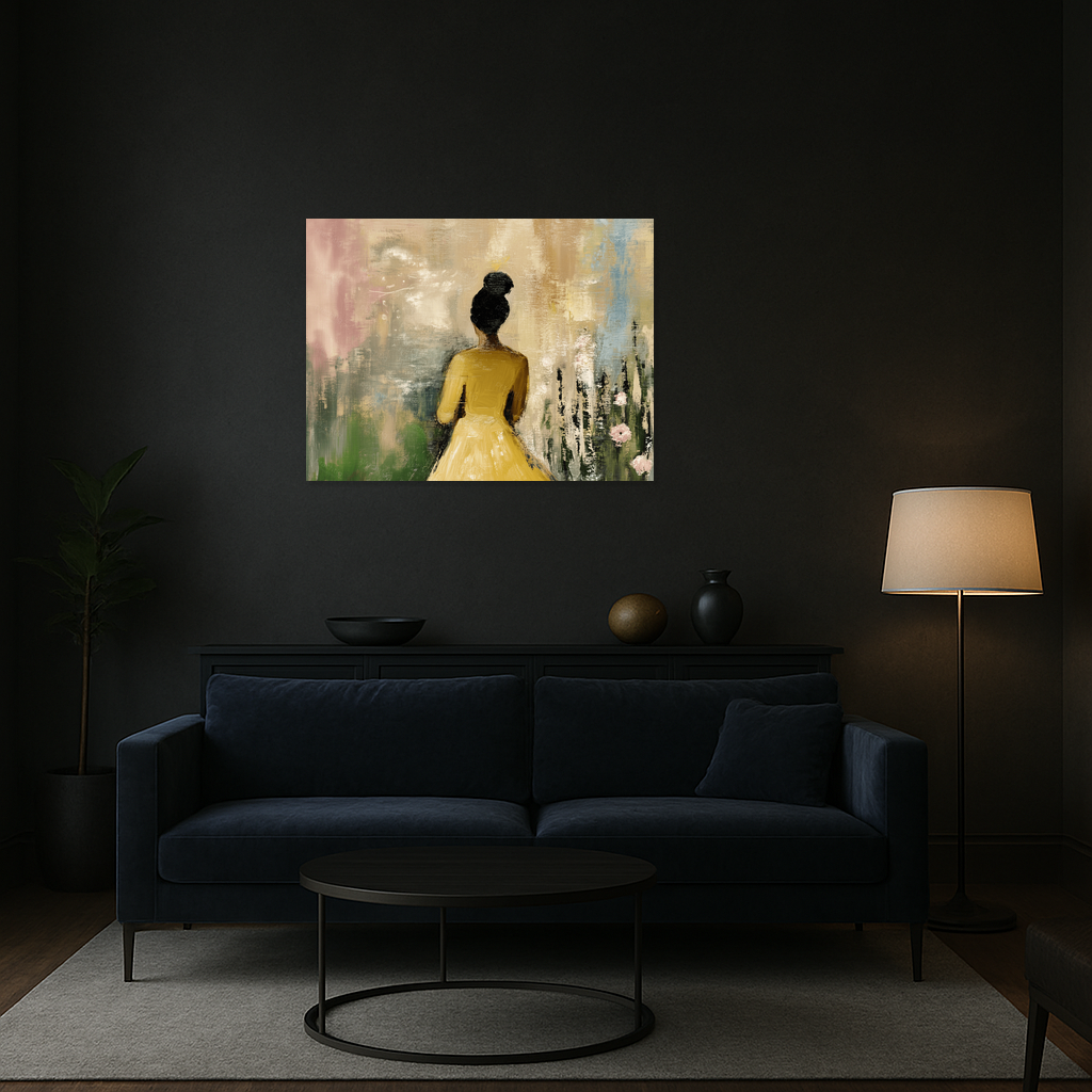 Dame in Gele Jurk met Bloemen