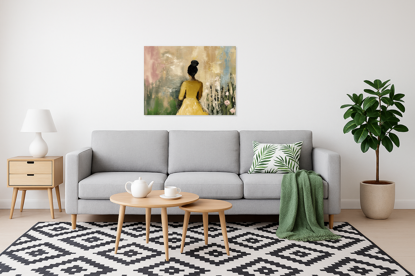 Dame in Gele Jurk met Bloemen