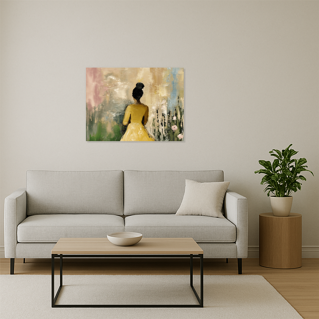 Dame in Gele Jurk met Bloemen