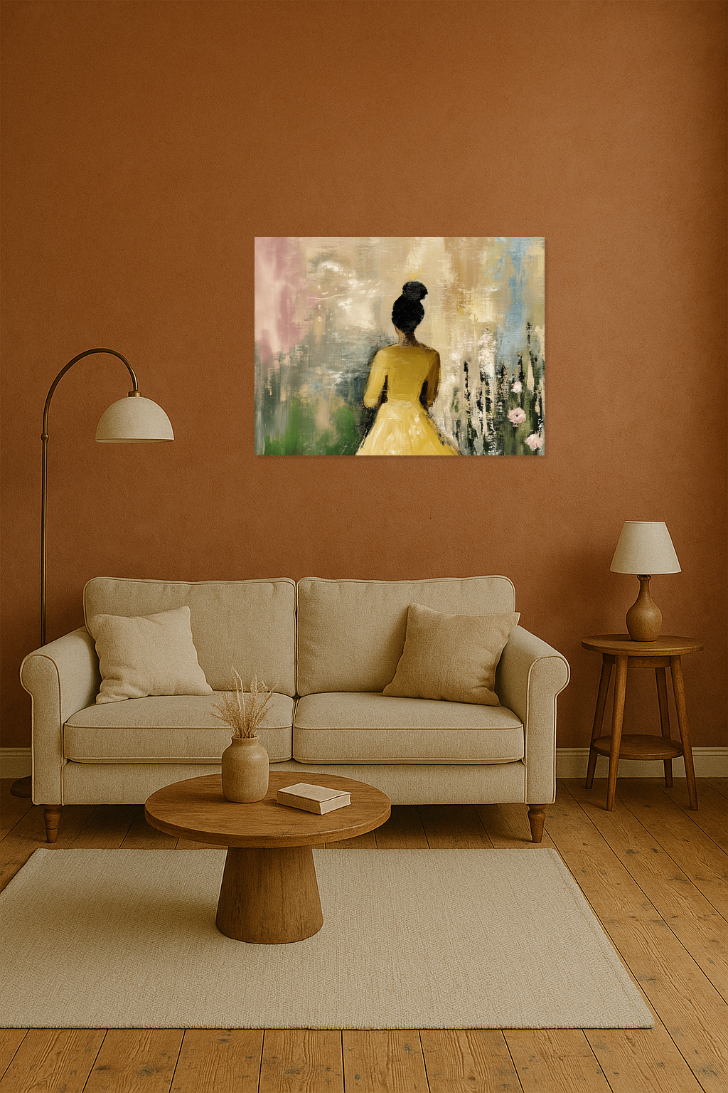 Dame in Gele Jurk met Bloemen