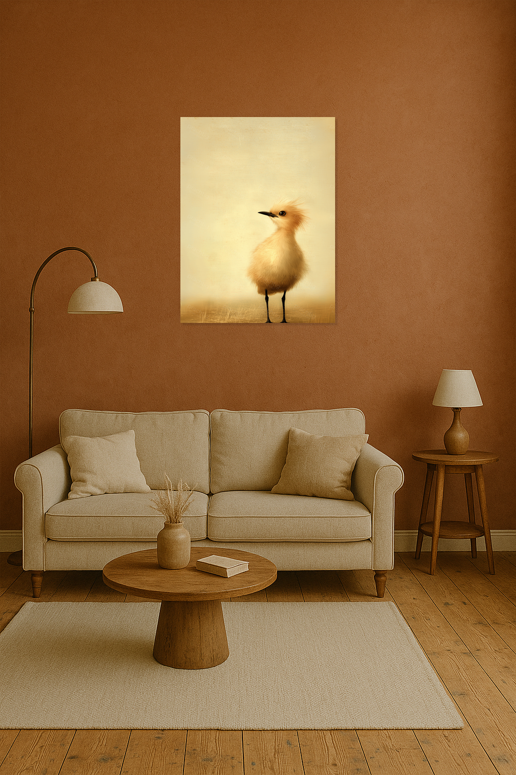 Fluffy Vogel op Zandkleurige Achtergrond