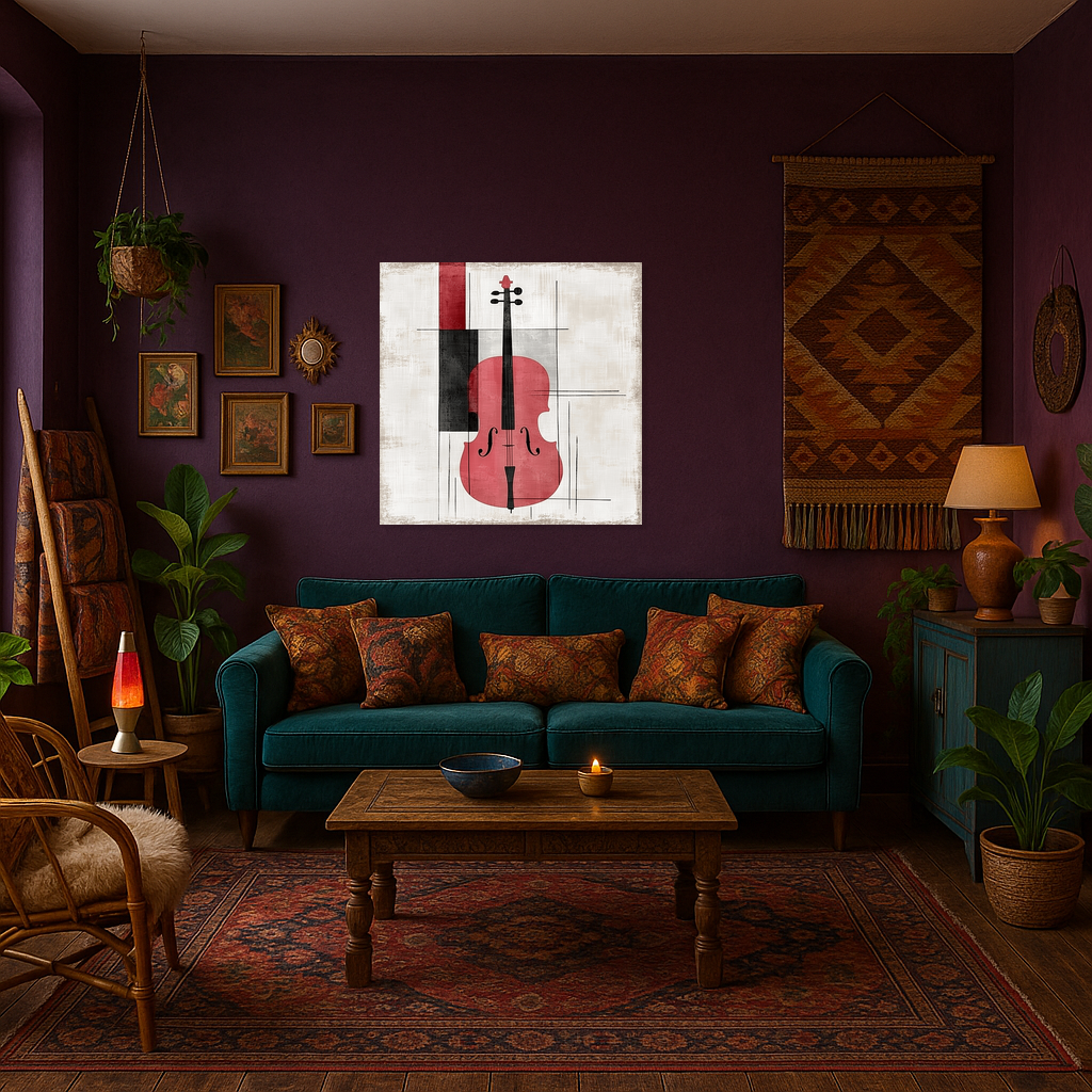 Abstracte cello in rood en zwart