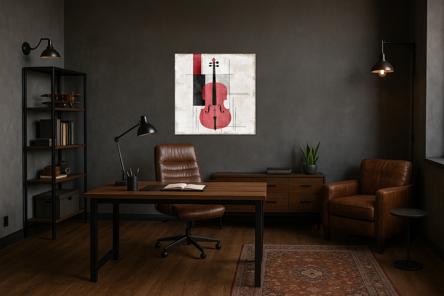 Abstracte cello in rood en zwart