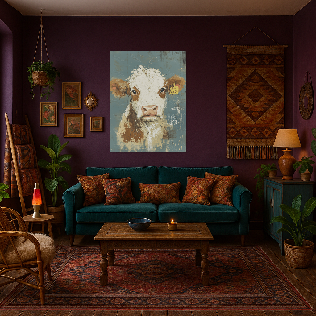 Boze koe voor blauwe muur
