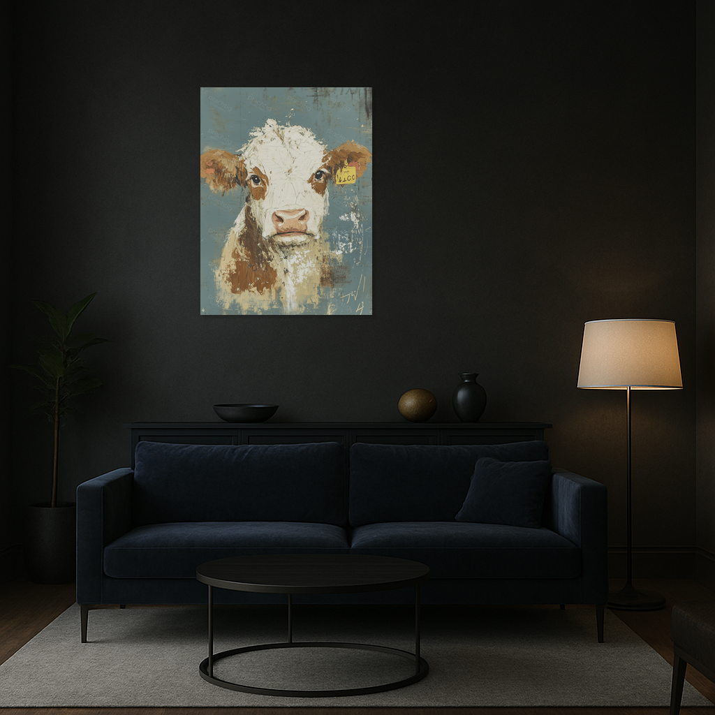 Boze koe voor blauwe muur