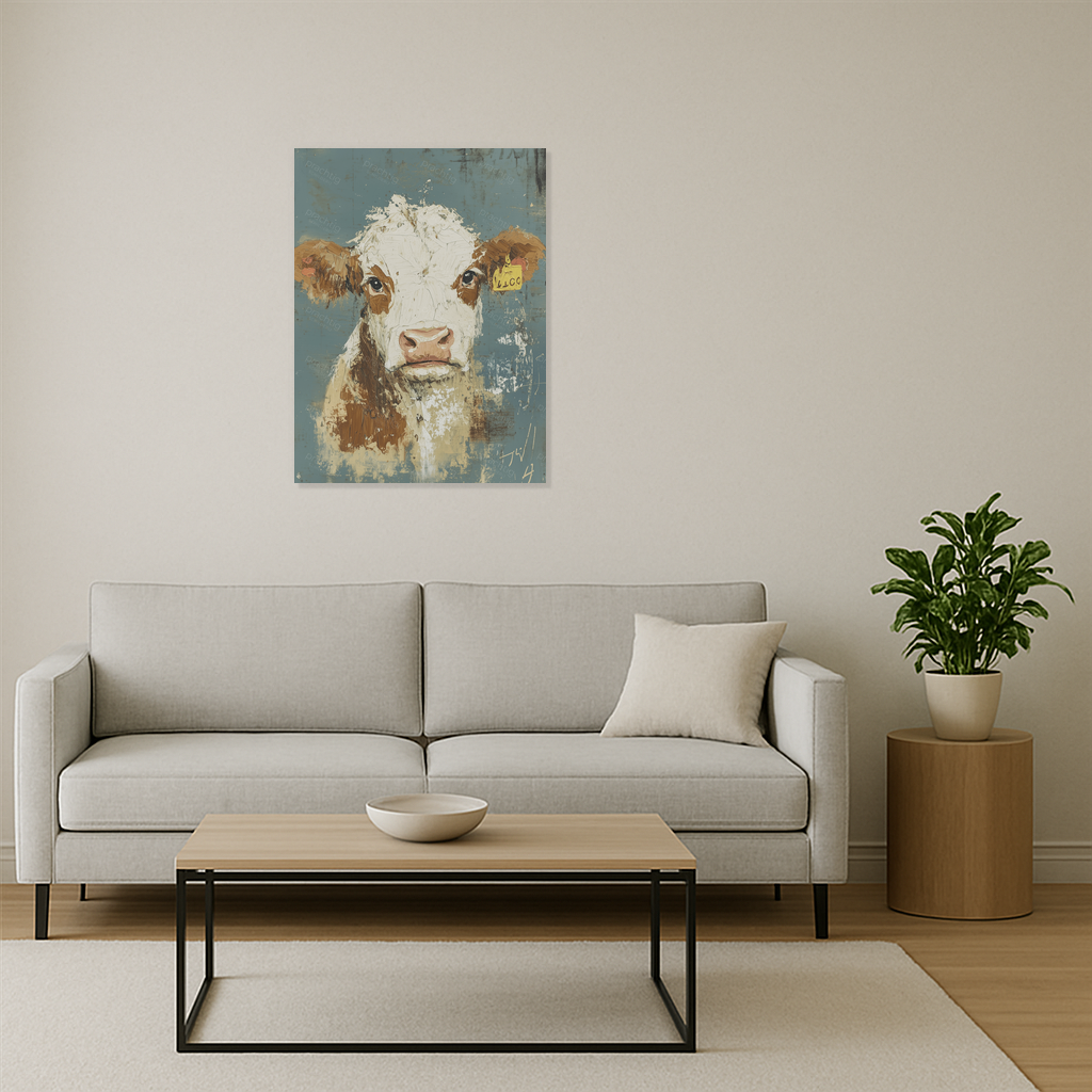 Boze koe voor blauwe muur