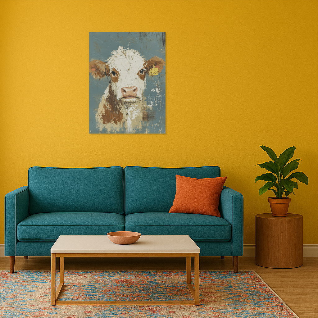 Boze koe voor blauwe muur