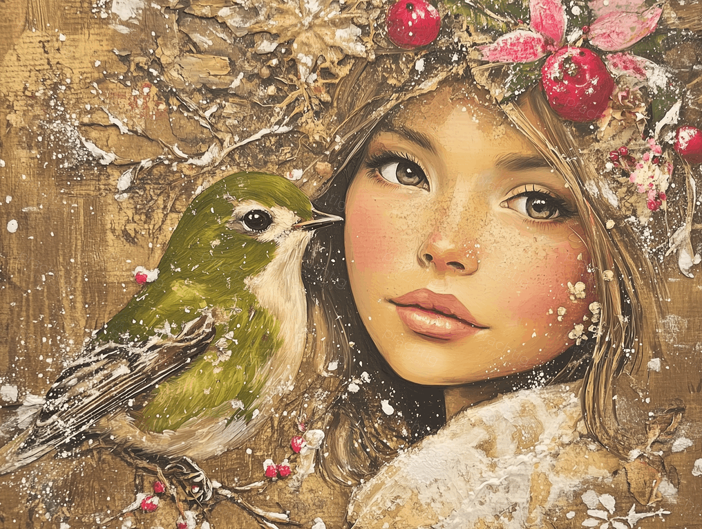 Meisje met vogel en rode bessen