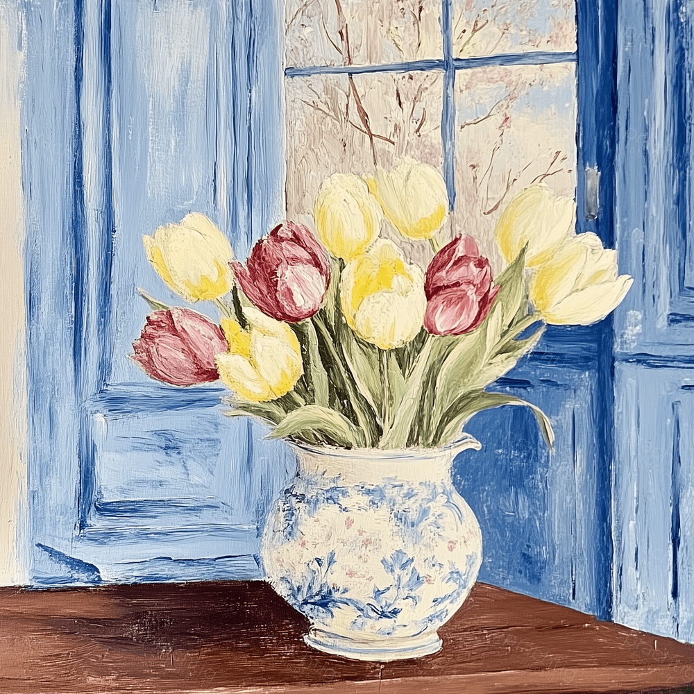 Tulpen in zonlicht bij raam