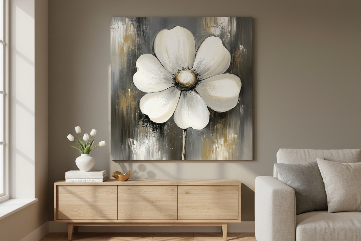 Witte Bloem Op Grijs Canvas