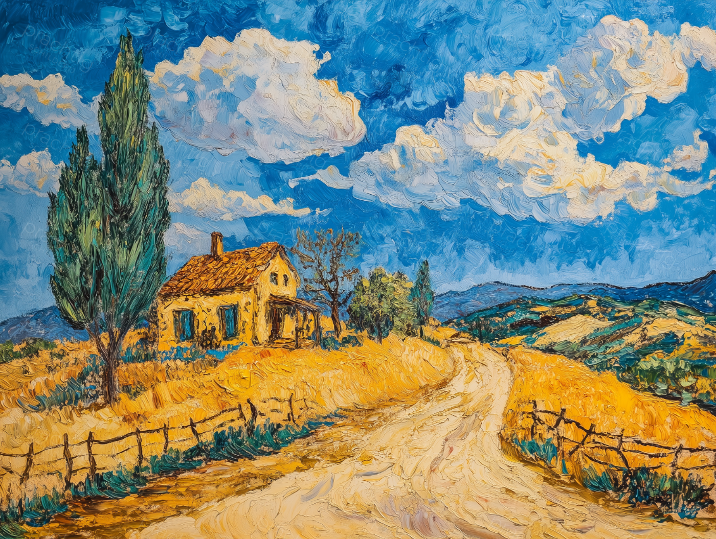 Zomers Landschap met Huisje en Cipres