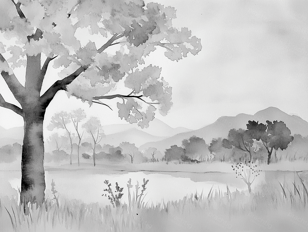 Zwart-wit landschap bij zonsopgang