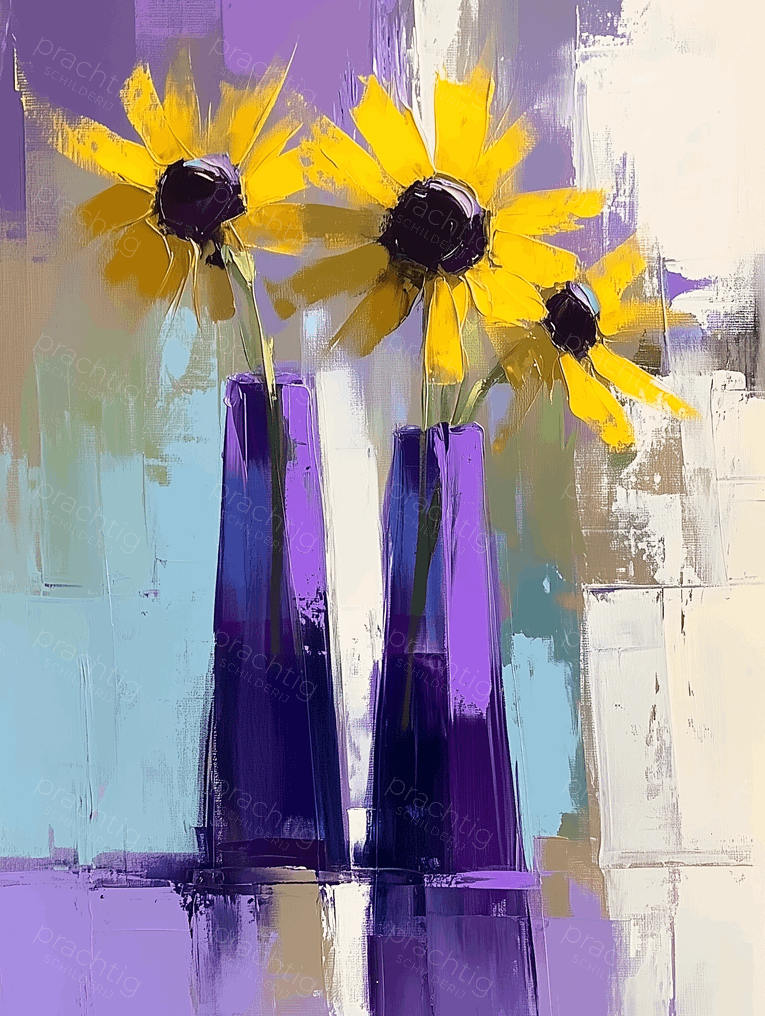 Zonnebloemen in paarse vazen