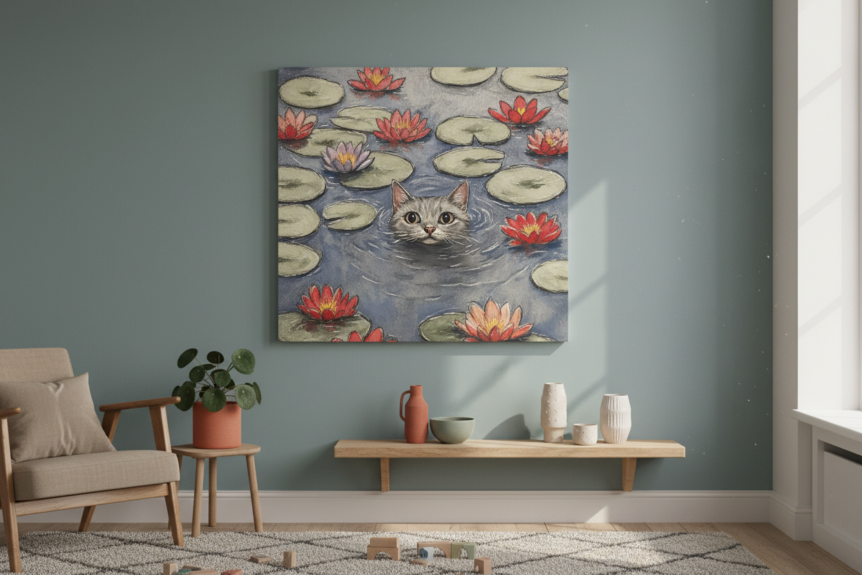 Kat tussen waterlelies