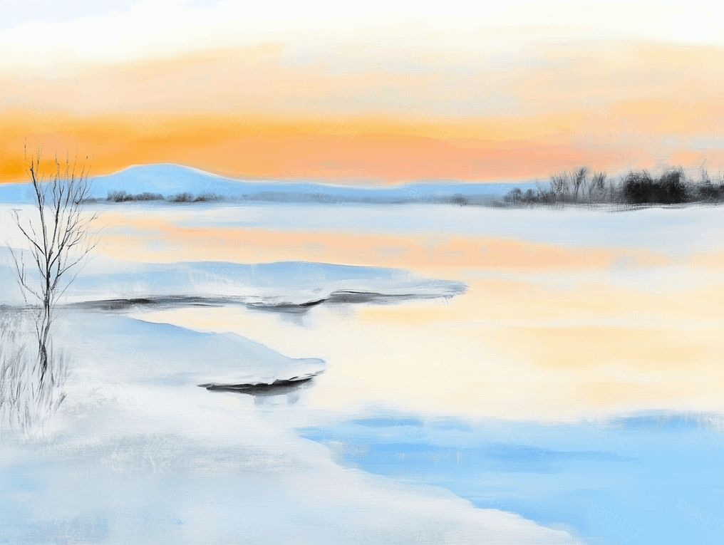 Winterse zonsopgang boven bevroren meer