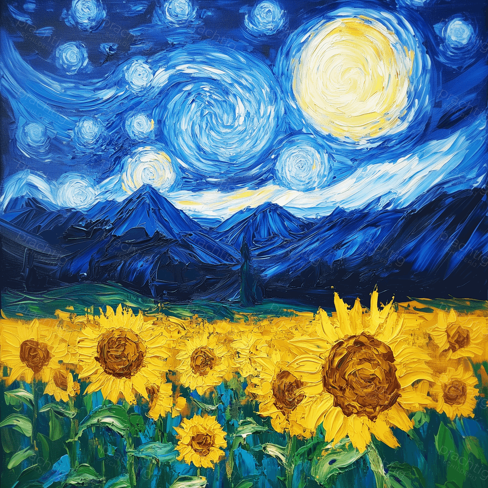 Sterrennacht boven zonnebloemveld