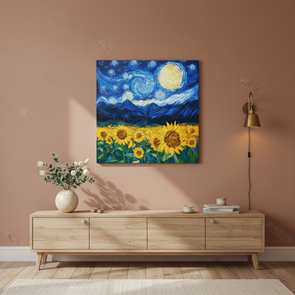Sterrennacht boven zonnebloemveld