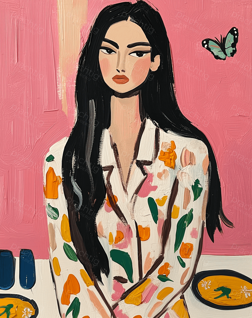 Vrouw in Bloemenjurk met Vlinder