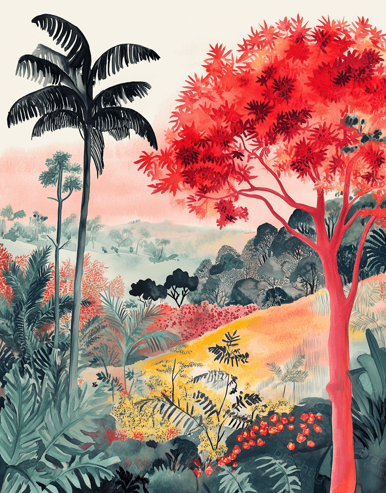 Rode Boom in Tropisch Landschap