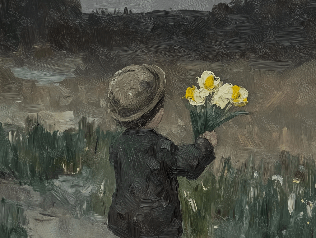 Jongen met Lentebloemen in het Veld