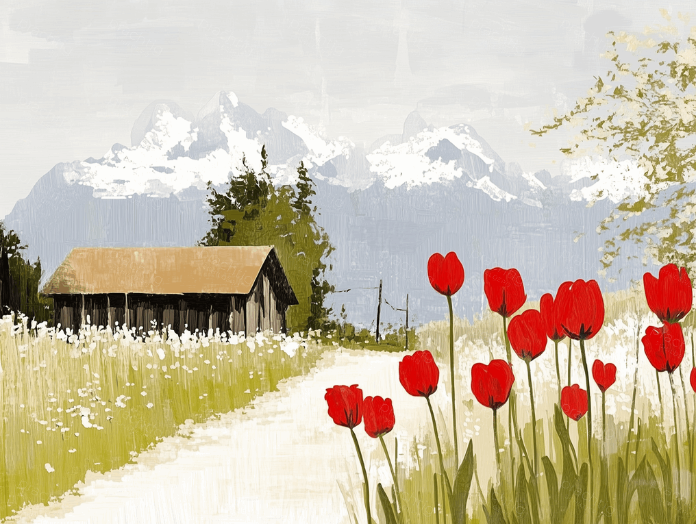 Rode tulpen voor een berghut