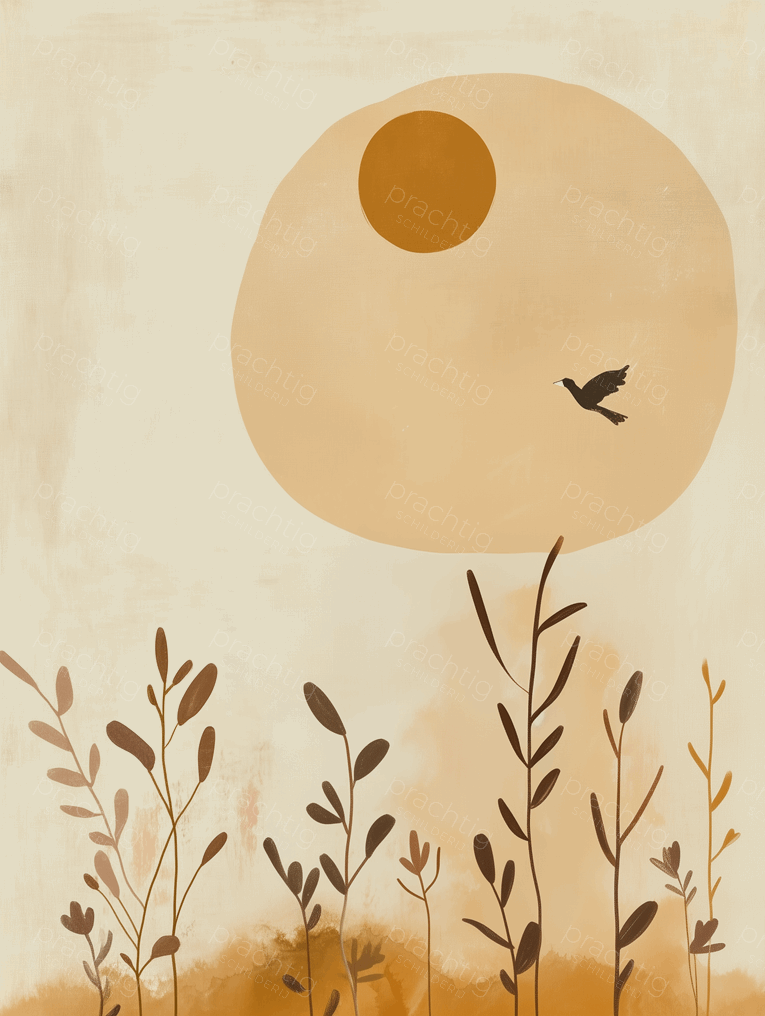 Zonsondergang met vogel en bladeren