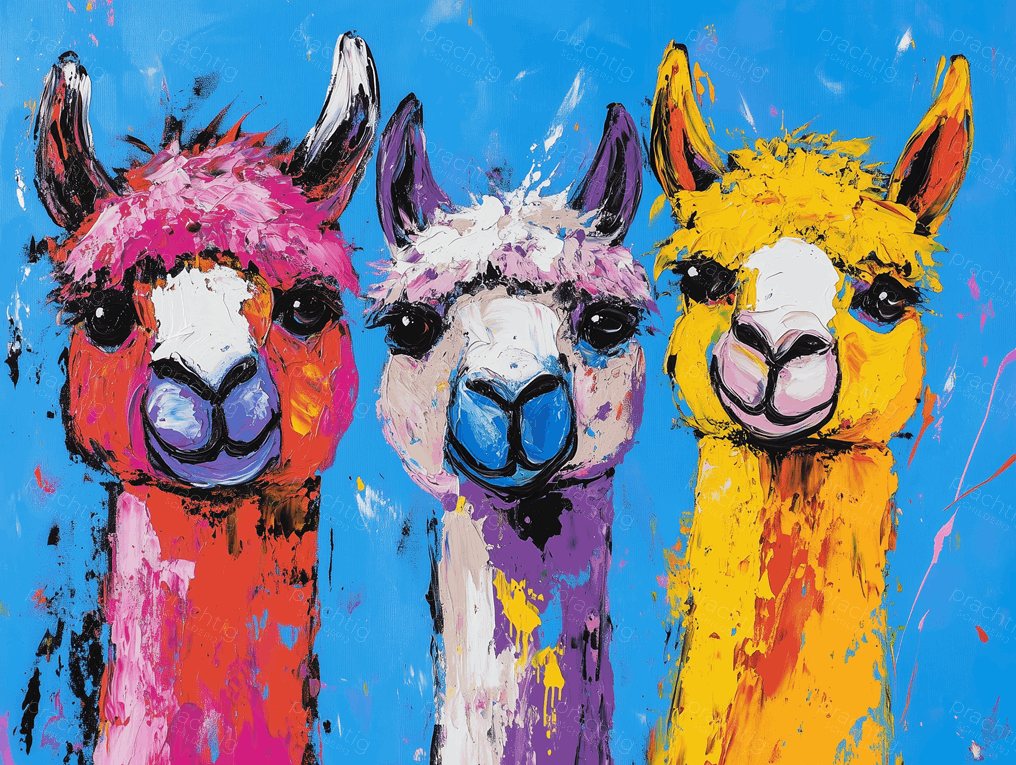 Drie vrolijke lama's op een rij