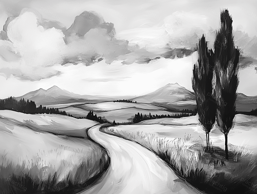 Zwart-wit landschap met weg