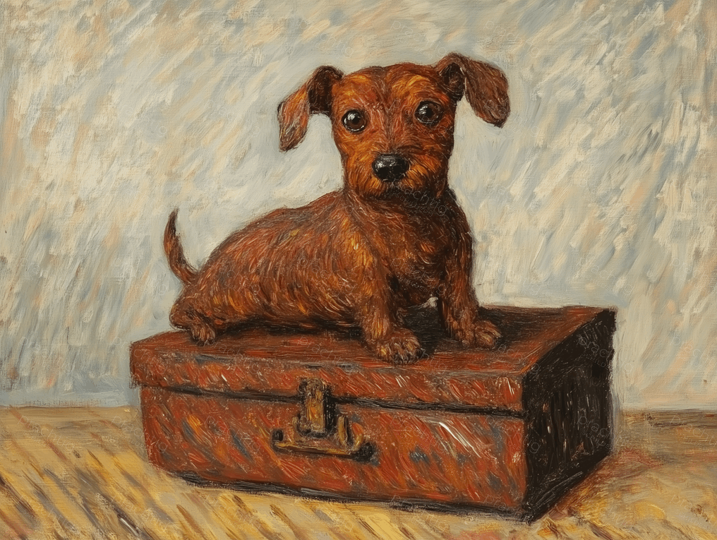 Teckel op vintage koffer