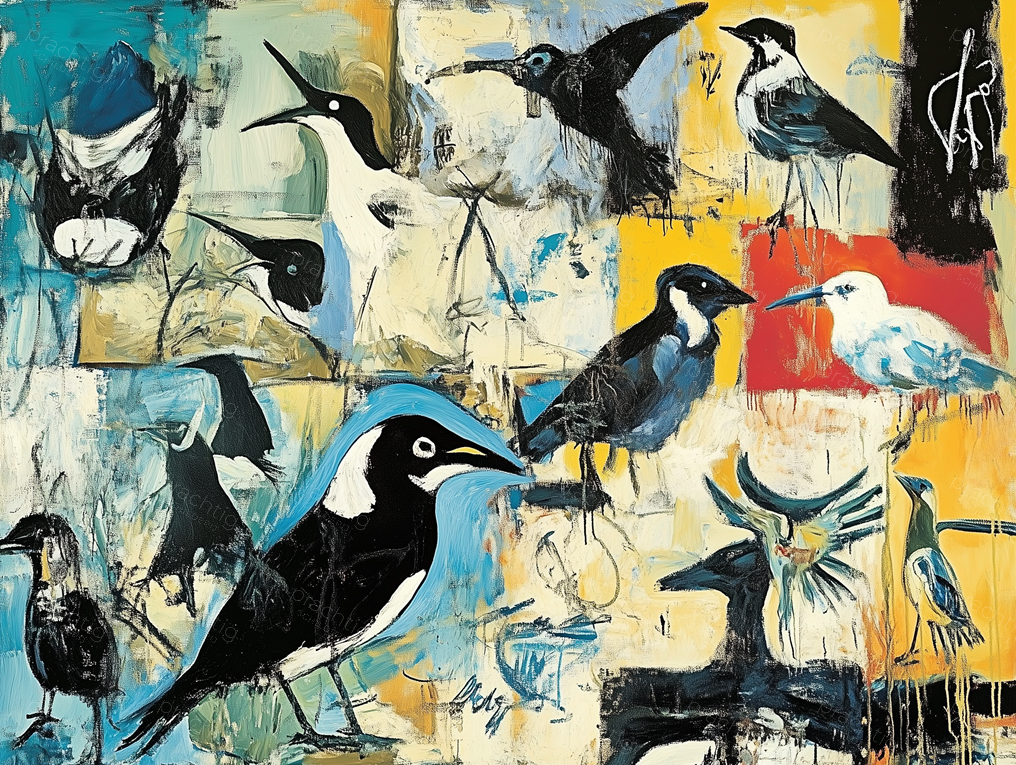 Vogels in kleurrijke chaos