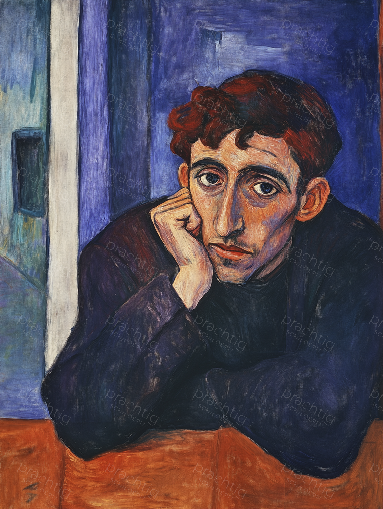Peinzende Man in Blauwtinten