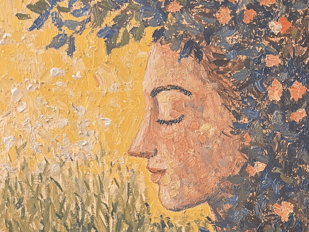 Dromerige vrouw in zomerse bloesem