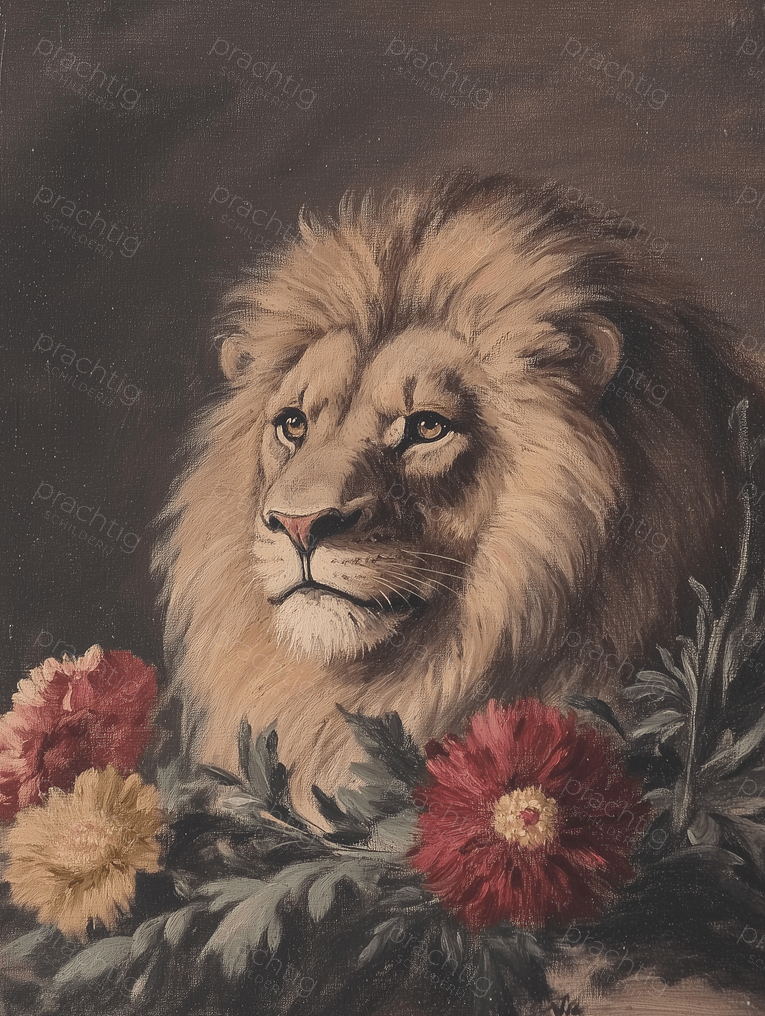 Majestueuze leeuw tussen bloemen